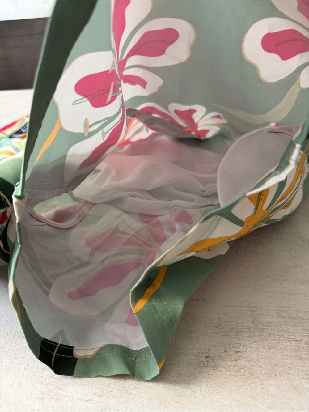 Original Use Green Floral Swim Trunks with Red & White Accents